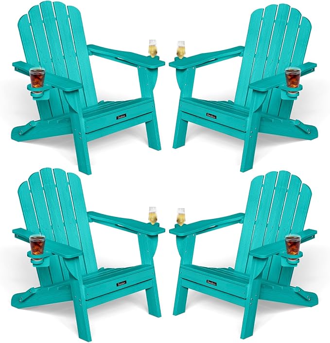Adirondack Chairs Set of 4, Foldable Adirondack Chairs with 2 Cup Holder, Wood Texture HDPE Fire Pit Chairs - Photo 3