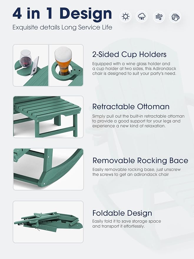 KINGYES Adirondack Rocking Chair Set of 4 with Retractable Ottoman and Cup Holders, HDPE Adirondack Rocker Patio Rocking Chair for Porch, Patio, Balcony, Leaf Green