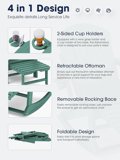 KINGYES Adirondack Rocking Chair Set of 4 with Retractable Ottoman and Cup Holders, HDPE Adirondack Rocker Patio Rocking Chair for Porch, Patio, Balcony, Leaf Green