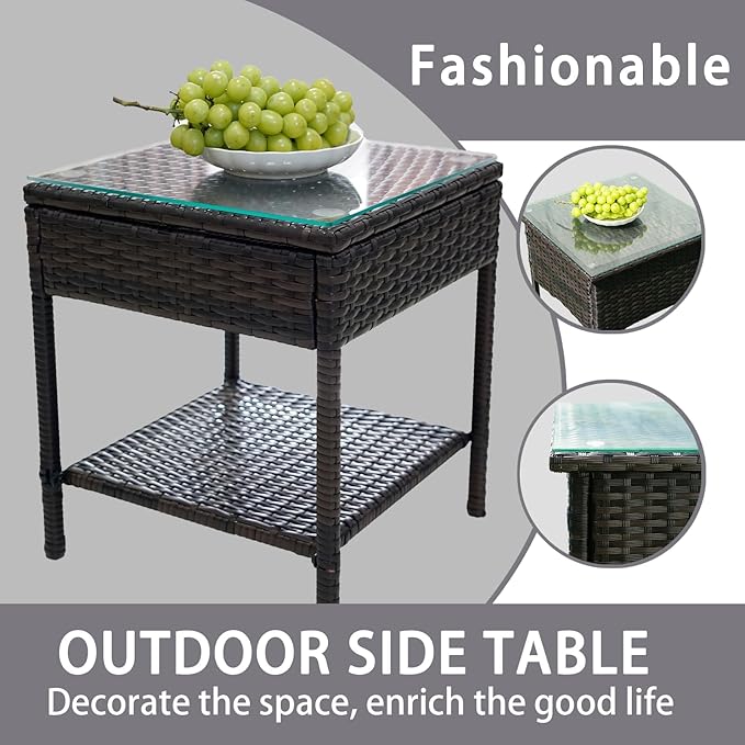 Outdoor Patio Wicker Table,Rattan Side Table,Modern Patio End Side Table with Glass Countertop and Storage Space,for Porch Garden Balcony