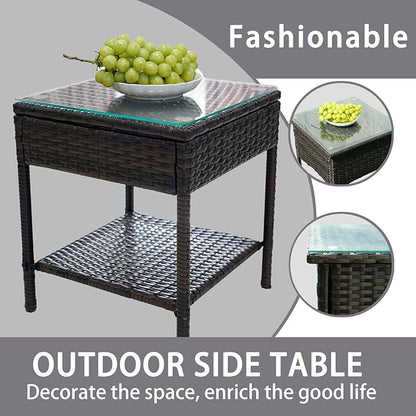 Outdoor Patio Wicker Table,Rattan Side Table,Modern Patio End Side Table with Glass Countertop and Storage Space,for Porch Garden Balcony