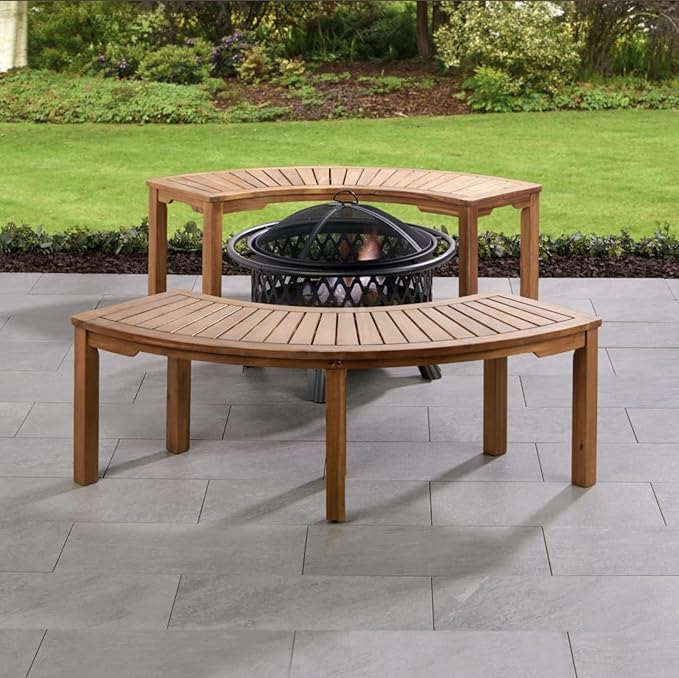 Patio Wise Acacia Wood Outdoor Curved Bench for Fire Pit Seating – 6-Foot Backless Round Bench for Patio, Porch, Park, or Dining Table, 57" L x 16" W x 17.75" H, Teak Color