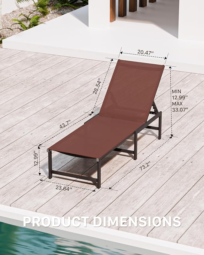 Chaise Lounge Chair Outdoor, Aluminum PatioChairs with 5 Adjustable Backrest and HeadrestPillows for Outside Beach，Brown - Photo 2