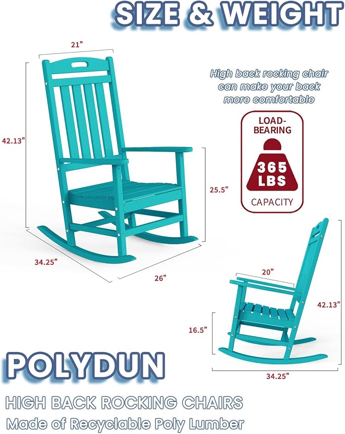Outdoor Rocking Chair Set of 4, High Back HDPE Patio Chair, All Weather Porch Rocker, Lawn Chair for Deck, Porch, Backyard, Garden, Aruba Blue