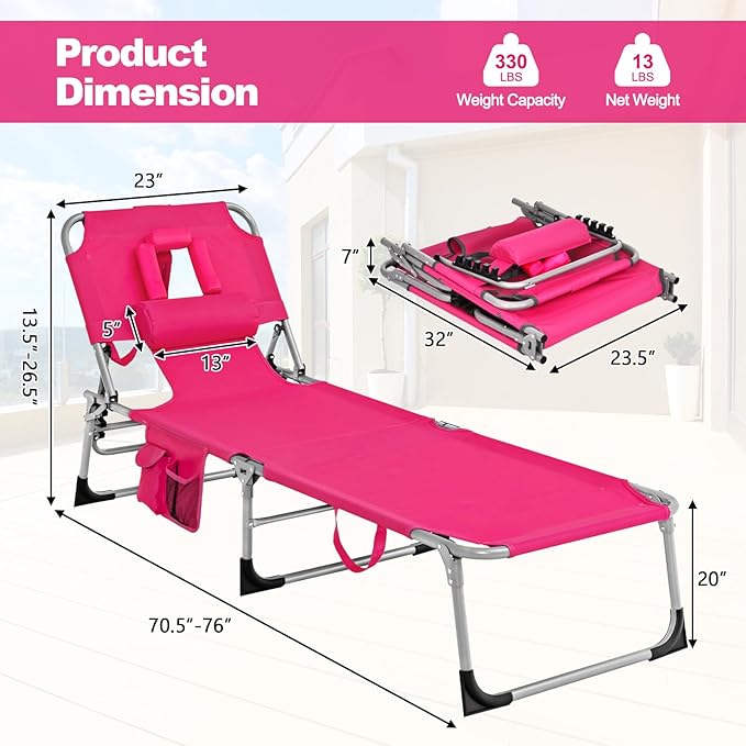 Tangkula Tanning Chair with Face Hole, Patio Folding Adjustable Reclining Beach Sunbathing Lounge Chair with Side Pocket, Portable Face Down Chaise Lounge for Outdoor Backyard Poolside (1)