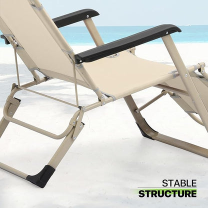Magshion Folding Reclining 3-Position Patio Chair Outdoor Lounge Chair with Footrest Folding Portable Outside Recliner Chair for Poolside Backyard Beach, 330 lbs (Cream)