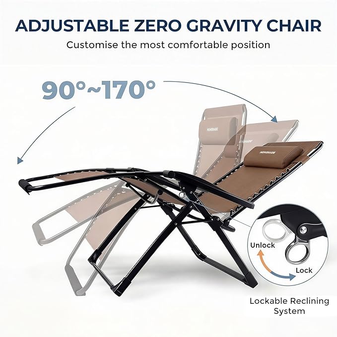 HOMSHADE XXL Zero Gravity Chair with Cushion, 33In Oversized Zero Gravity Lounge Chair, Patio Outdoor Recliner Chair for Indoor Outdoor with Headrest, Cup Holder, Footrest Support 500Lbs, Brown