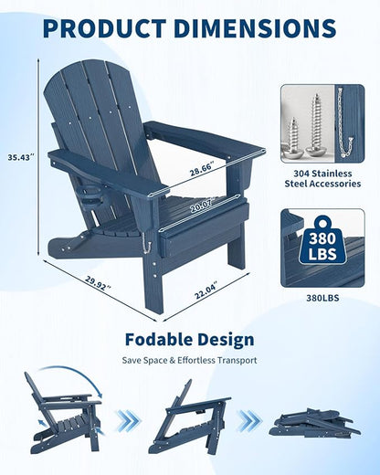 Garvee Folding Adirondack Chair Set of 4 with Ottoman, HDPE Outdoor Patio Chair with Cup Holder, All Weather Resistent Wooden Textured for patios, Decks, Gardens, fire Pit, Navy Blue