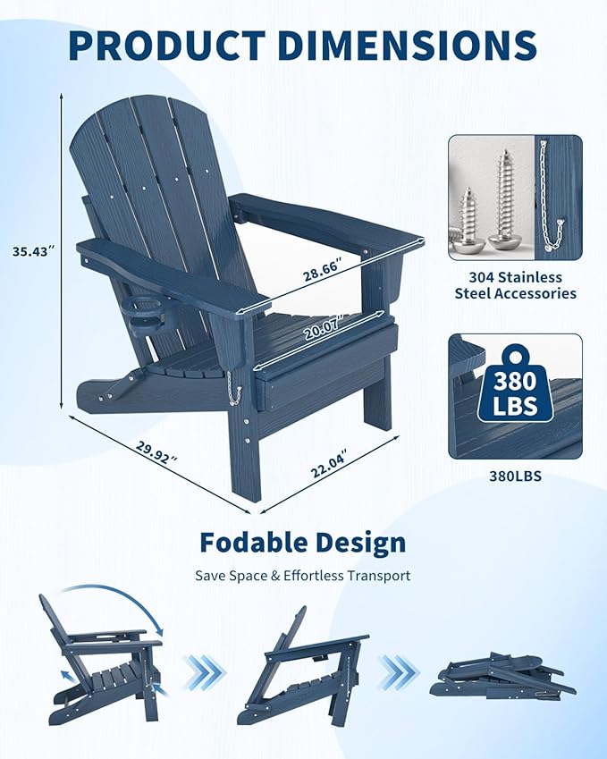 Garvee Folding Adirondack Chair Set of 6, HDPE Outdoor Patio Chair with Cup Holder, All Weather Resistent Wooden Textured for patios, Decks, Gardens, fire Pit, Navy Blue
