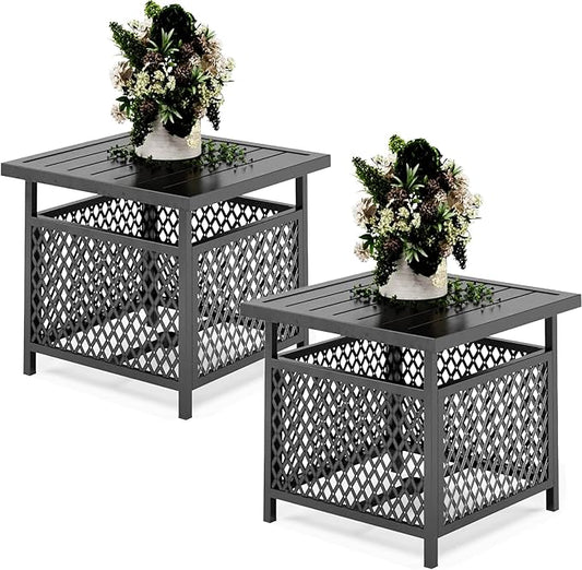 PHI VILLA Outdoor Patio Side Table Set of 2, 22" Small Black Metal Square End Table with Umbrella Hole, Outside Coffee Bistro Table for Porch, Deck, Balcony, Indoor