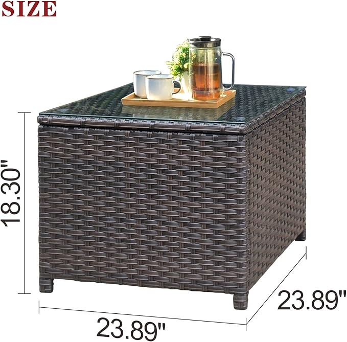 ovios Outdoor Side Table with Tempered Glass Top, Patio Wicker Coffee Table, Rattan Bistro End Table for Porch Deck Balcony Garden Poolside, Brown