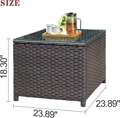 ovios Outdoor Side Table with Tempered Glass Top, Patio Wicker Coffee Table, Rattan Bistro End Table for Porch Deck Balcony Garden Poolside, Brown