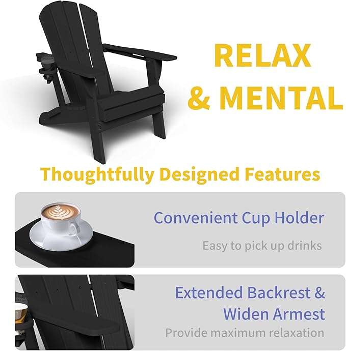 Kingdura Foldable Adirondack Chair, Portable HDPE All Weather Resistant Outdoor Patio Chair, Wooden Textured with Cup Holder, 380LBS Capacity for Poolside, Backyard, Deck, Fire Pit (Black)