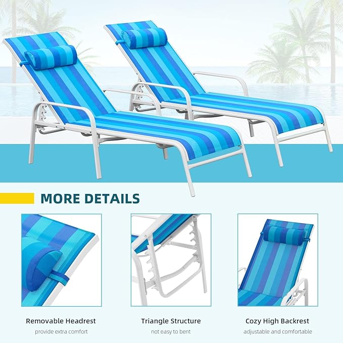 EROMMY Patio Chaise Lounge, Set of 2 Outdoor Lounge Chair (Blue) - Photo 6