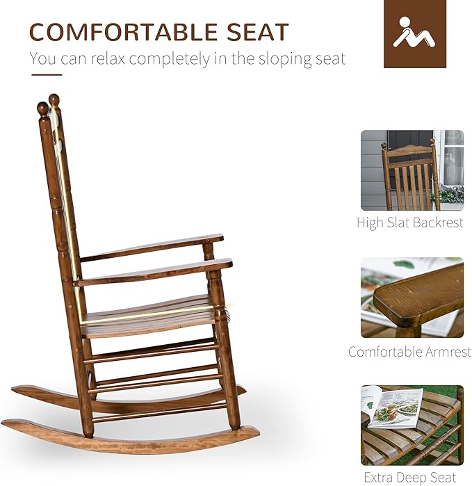Outsunny Traditional Wooden High-Back Rocking Chair for Porch, Indoor/Outdoor, Brown