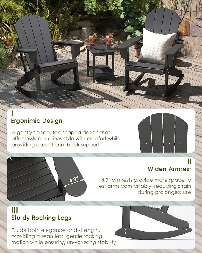 GREENVINES Adirondack Rocking Chairs Set of 2 | HDPE Plastic | Porch Rocker | Chair for Patio Outdoor Deck | All Weather | Black