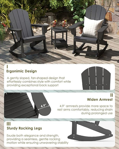 GREENVINES Adirondack Rocking Chairs Set of 2 | HDPE Plastic | Porch Rocker | Chair for Patio Outdoor Deck | All Weather | Black