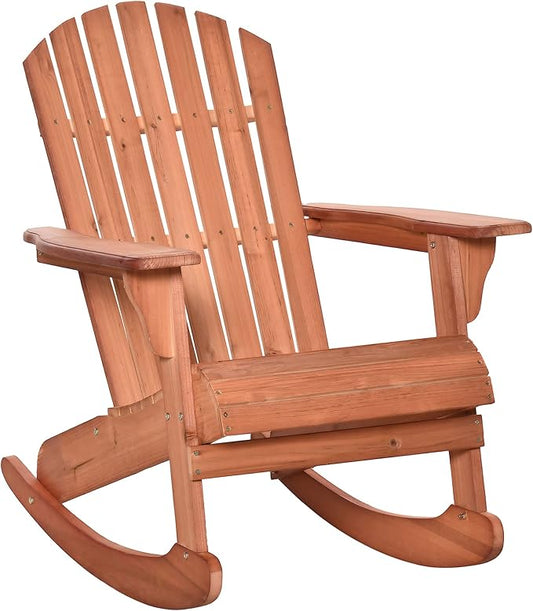 Outsunny Wooden Adirondack Rocking Chair Outdoor Lounge Chair Fire Pit Seating with Slatted Wooden Design, Fanned Back, & Classic Rustic Style for Patio, Backyard, Garden, Lawn, Teak