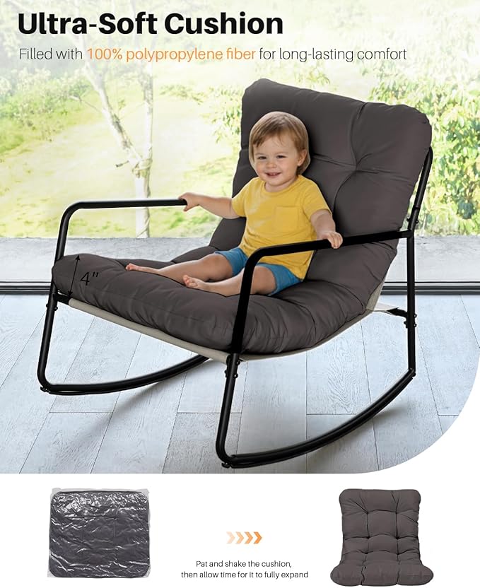 Outdoor Rocking Chair, Metal Patio Rocking Chair, Indoor Rocking Chair with Cushion, Papasan Rocking Lounge Chair, Comfy Modern Rocker Chair for Porch, Living Room, Garden, Lawn, Dark Grey