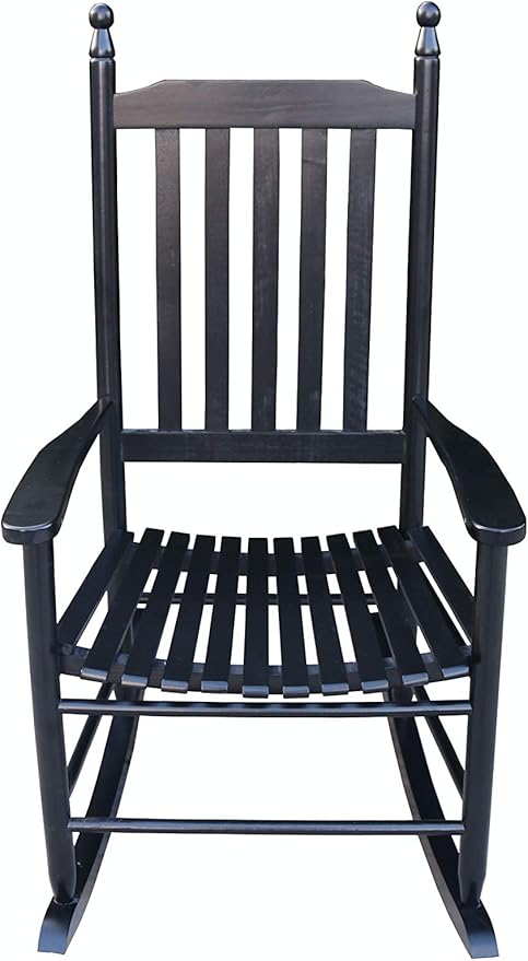 Wood Rocking Chair with High Back and Armrest for Indoor Outdoor Use, Wooden Frame Patio Porch Rocking Chair with Rocker, Front Porch Chairs for Deck Garden Lawn Balcony Backyard, Black