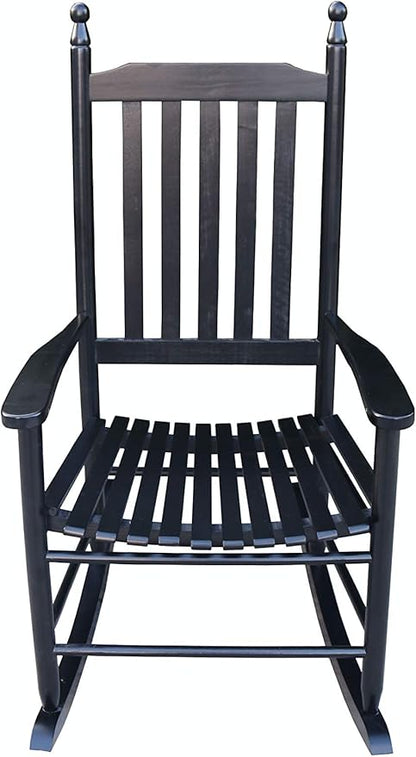 Wood Rocking Chair with High Back and Armrest for Indoor Outdoor Use, Wooden Frame Patio Porch Rocking Chair with Rocker, Front Porch Chairs for Deck Garden Lawn Balcony Backyard, Black