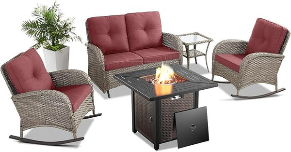 Belord 5 Pieces Patio Furniture Set with 50000 BTU Propane Fire Pit Table, All-Weather Patio Rocking Chairs - Photo 1