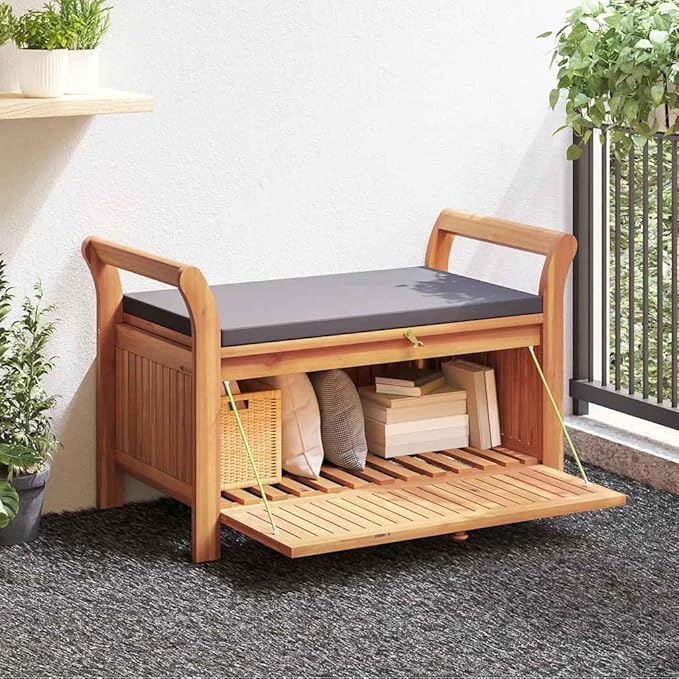 Solid Acacia Wood Outdoor Storage Bench with Cushion, Brown, Rectangular, 36x49.6x23.6 in for Garden Patio Entryway Seating and Organization