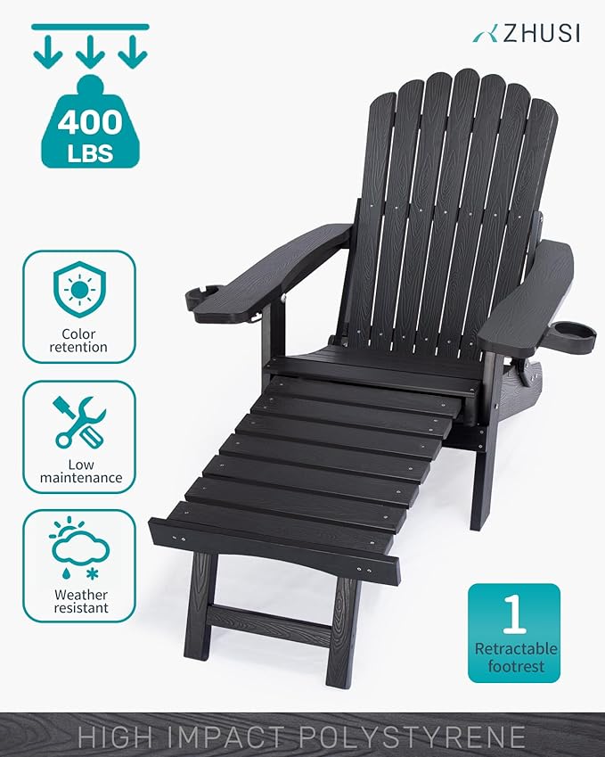 ZHUSI Folding Adirondack Chairs Set of 4 with Retractable Ottoman, Adjustable Adirondack Chair with 2 Cup Holders - Photo 3