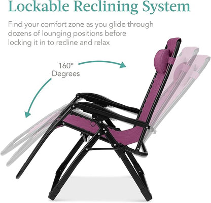 Best Choice Products Oversized Zero Gravity Chair, Folding Outdoor Patio Recliner, XL Anti Gravity Lounger w/Removable Cushion, Cup Holder, Side Tray, 350lb Capacity - Amethyst Purple