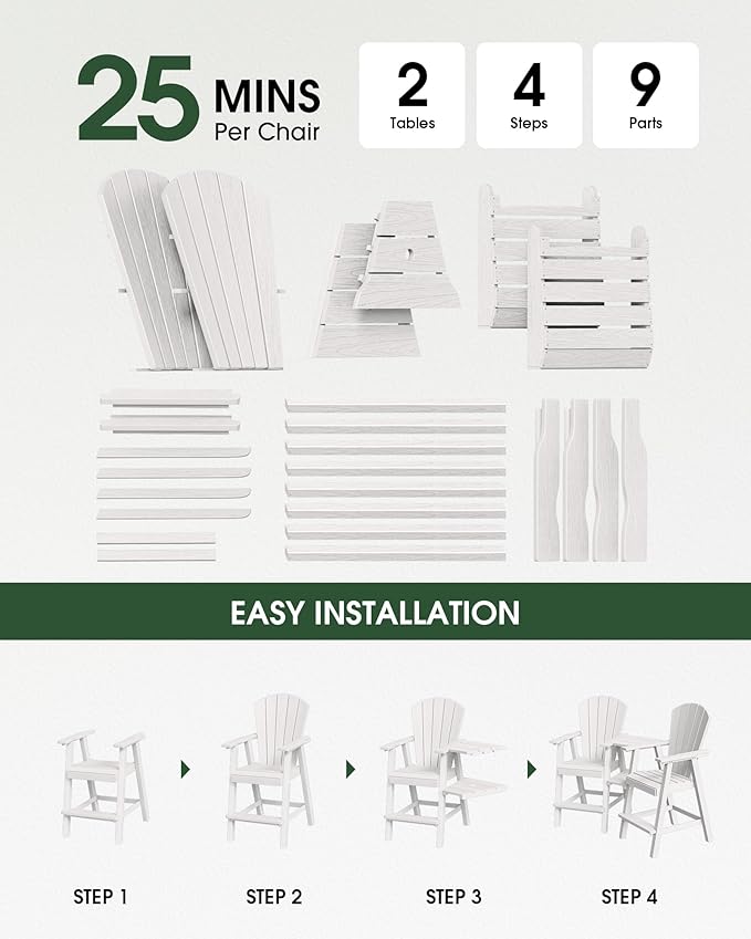 Tall Adirondack Chairs Set of 2, HDPE High Adirondack Chairs with Double Removable Trays, All Weather Outdoor Barstools for Patio, Balcony, Backyard, Deck and Garden, White