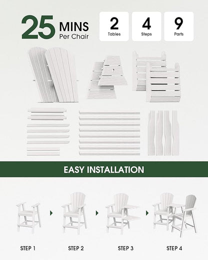 Tall Adirondack Chairs Set of 2, HDPE High Adirondack Chairs with Double Removable Trays, All Weather Outdoor Barstools for Patio, Balcony, Backyard, Deck and Garden, White