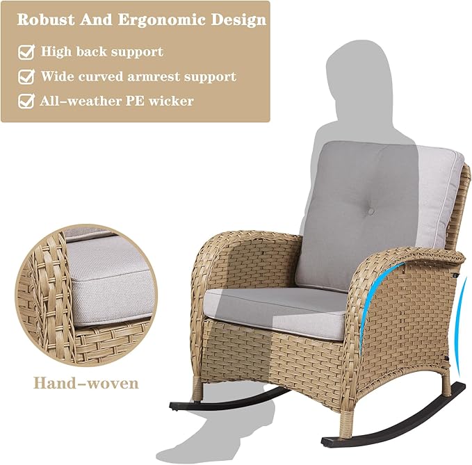 Belord Outdoor Rocking Chairs Set of 2, Wicker Rocker Rocking Chairs for Porch, 3 Pieces Patio Furniture Sets Rocking Bistro Set with Cushions and Side Table
