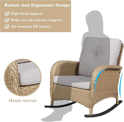 Belord Outdoor Rocking Chairs Set of 2, Wicker Rocker Rocking Chairs for Porch, 3 Pieces Patio Furniture Sets Rocking Bistro Set with Cushions and Side Table