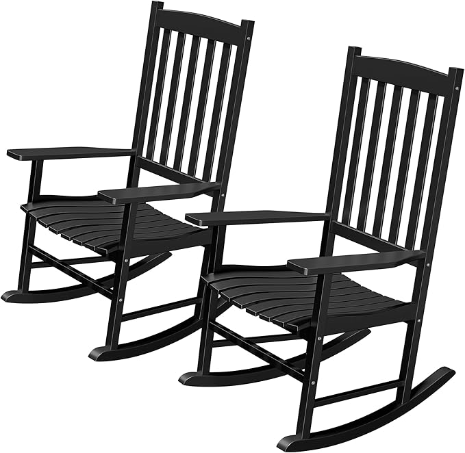 Nouva Set of 2 All-Weather Patio Rocking Chair, Solid Wood High Back Outdoor Porch Rocker Lounge Camping Chair for Fire Pit Garden Backyard Deck Poolside Lawn Indoor,Black