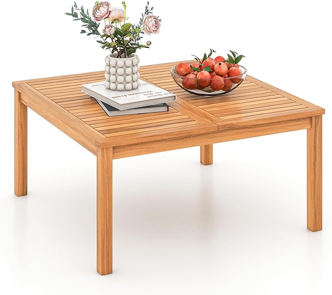 HAPPYGRILL Outdoor Coffee Table Acacia Wood Patio Table with Slatted Tabletop, Square Coffee Table for Outside Balcony - Photo 1