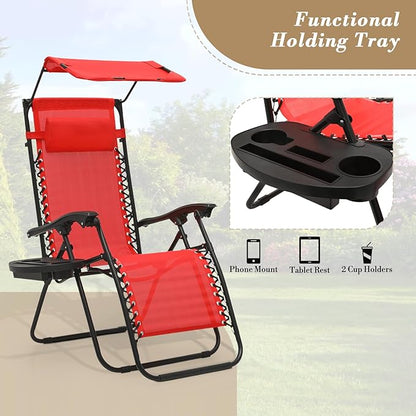 Athena Collection Zero Gravity Outdoor Lounge Chair Set of 2 with Canopy Shade, 25" Width Pool Lounge Lawn Chairs Reclining with Cup Holder, Outdoor Chaise for Beach Patio Outside, Red
