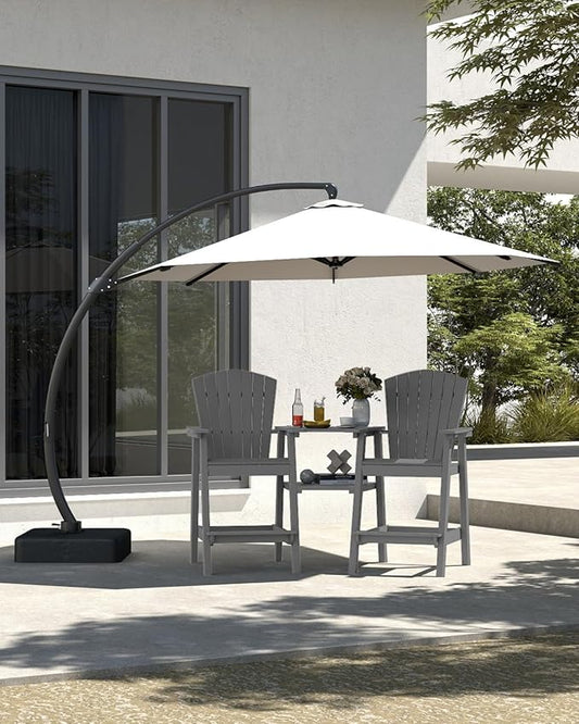 Grey HDPE Tall Adirondack Chair Set of 2 with Beige 11FT Cantilever Umbrella, All-Weather Outdoor Bar Height Chairs with Trays & Umbrella Hole for Balcony