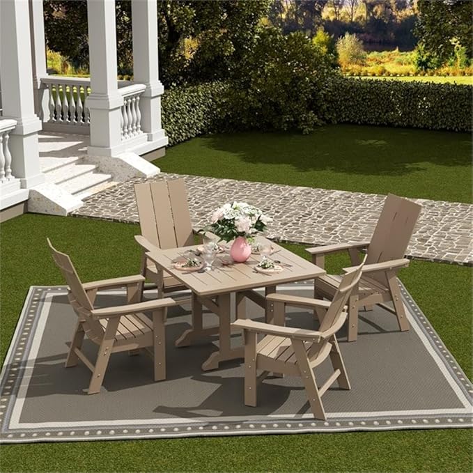 Costaelm Outdoor Adirondack Chair, HDPE Patio Balcony Chairs, Portside Seashell Nautical Curveback Adirondack Chair and Fire Pit Chairs, Weathered Wood
