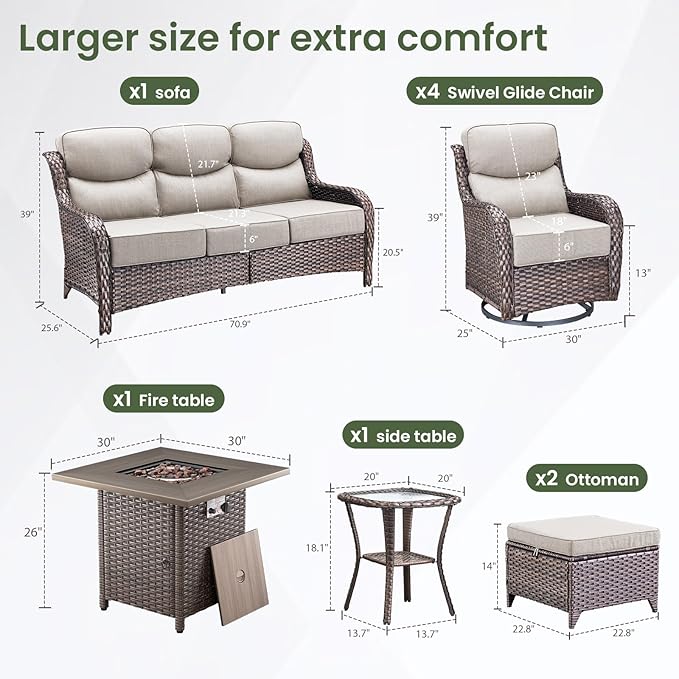 Luxury Patio Furniture Set with 6-inch Thick Cushion, Outdoor Furniture with Fire Pit Table, Swivel Chairs, Sofa - Photo 6