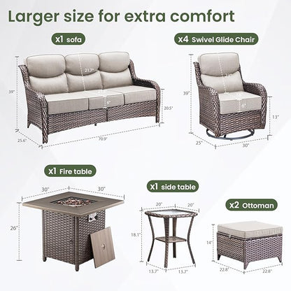Luxury Patio Furniture Set with 6-inch Thick Cushion, Outdoor Furniture with Fire Pit Table, Swivel Chairs, Sofa, Side Table, Ottomans, 9pcs Wicker Conversation Set for Deck Yard and Poolside(Beige)
