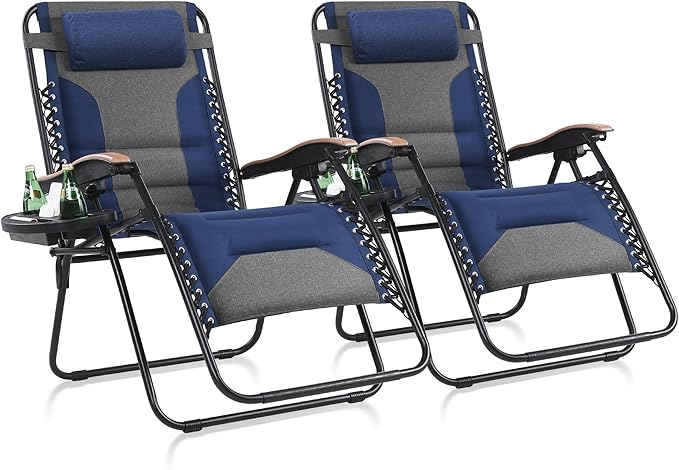 MAISON ARTS Oversized XXL Padded Zero Gravity Chair Set of 2, 30" Wide Seat Foldable Patio Recliner, Anti Gravity Outdoor Lawn Chair with Cup Holder & Pillow, Supports 400lbs, Blue & Grey