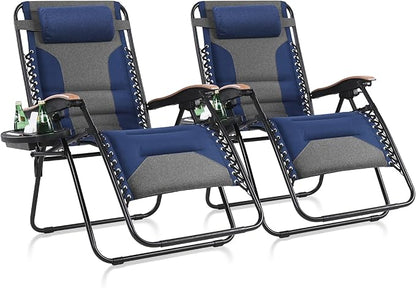 MAISON ARTS Oversized XXL Padded Zero Gravity Chair Set of 2, 30" Wide Seat Foldable Patio Recliner, Anti Gravity Outdoor Lawn Chair with Cup Holder & Pillow, Supports 400lbs, Blue & Grey