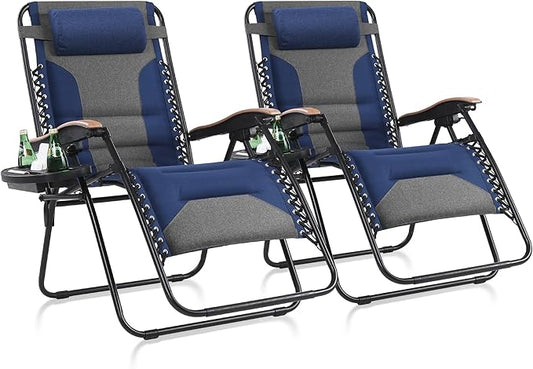MAISON ARTS Oversized XXL Padded Zero Gravity Chair Set of 2, 30" Wide Seat Foldable Patio Recliner, Anti Gravity Outdoor Lawn Chair with Cup Holder & Pillow, Supports 400lbs, Blue & Grey