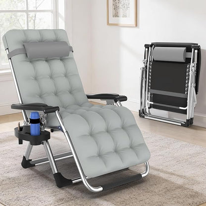 Slendor Zero Gravity Chair, Zero Gravity Lounge Chair with Upgraded Lock and Removable Cushion, Reclining Camping Chair with Cup Holder, Headrest for Indoor Outdoor, Gray