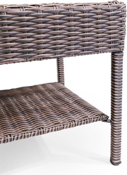 Cambridge Outdoor Wicker Side Table, 2-Tier All-Weather HDPE Rattan Patio End Table with HIPS Tabletop and Storage Shelf, Brown