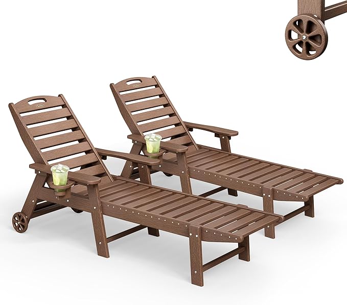 Lounge Chair Outdoor Set of 2, HDPE Chaise Lounge Outdoor with 5-Position & Wheels &Cup Holder - Photo 1