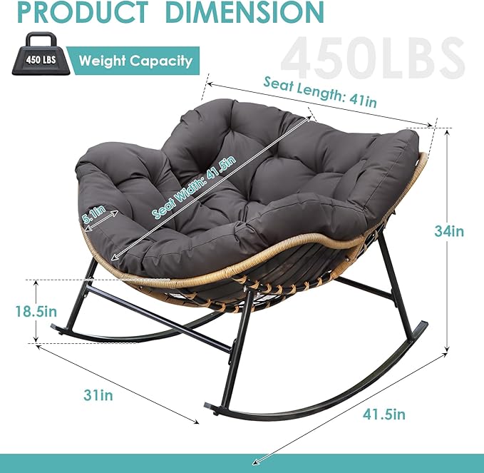 RADIATA Outdoor Papasan Rocking Chair with Cushion, Oversized Patio Lounge Rocker, All Weather PE Wicker Comfy Egg Rocking Chairs, 450 lbs Heavy Duty Recliner Glider for Balcony, Porch, Garden, Grey