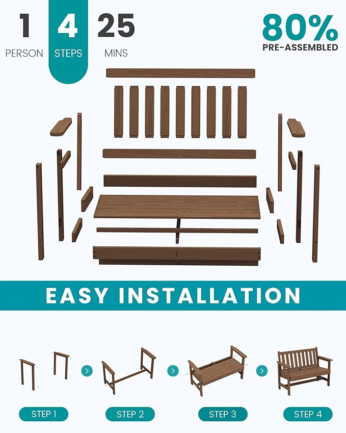 SERWALL Outdoor Bench, HDPE Outdoor Benches Weatherproof, 2-Person Garden Bench with 660 lbs Weight Capacity - Photo 9