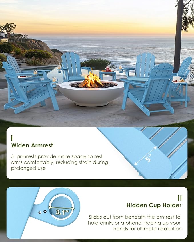 GREENVINES Folding-Adirondack-Chairs-Set-of-6 | HDPE Plastic | Fire Pit Chair | All Weather | Cup Holder | Arctic | for Deck Backyard Patio Outdoor Garden