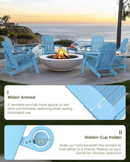 GREENVINES Folding-Adirondack-Chairs-Set-of-6 | HDPE Plastic | Fire Pit Chair | All Weather | Cup Holder | Arctic | for Deck Backyard Patio Outdoor Garden